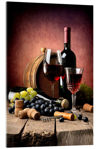 Acrylic print Red wine, grapes and corks