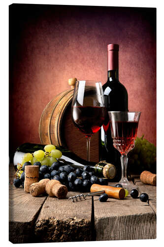 Canvas print Red wine, grapes and corks