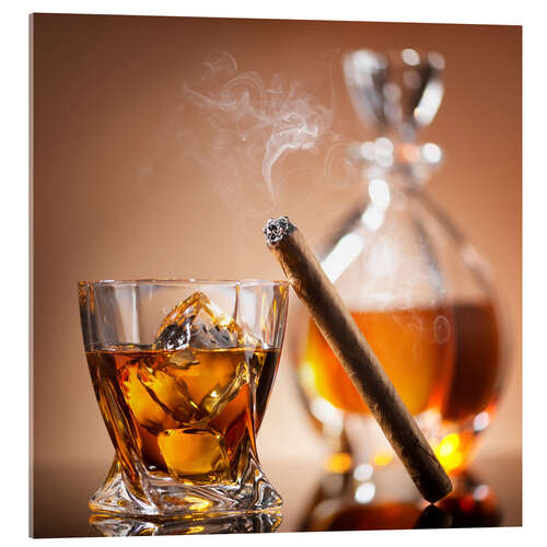 Acrylic print Cigar on glass of whiskey with ice cubes