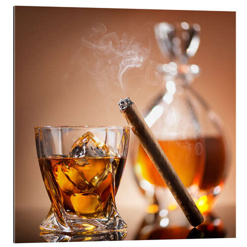 Gallery print Cigar on glass of whiskey with ice cubes