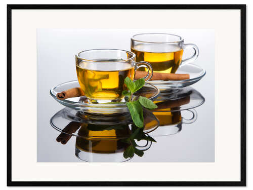 Inramat konsttryck Tea cup with fresh mint leaves