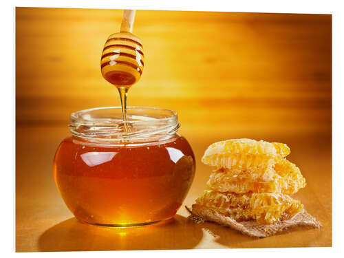 PVC print jar of honey with honeycomb on wooden table