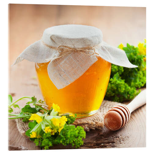 Acrylic print Honey jar and fresh herbs