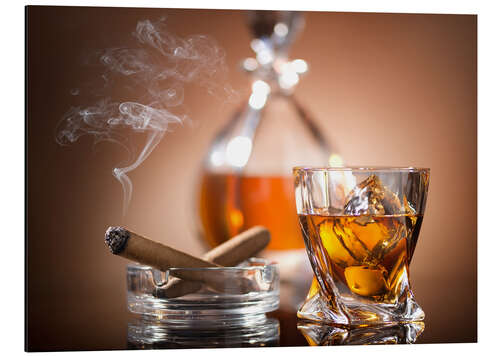 Aluminium print Glass of whiskey and a cigar