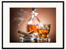 Gerahmter Kunstdruck Glas Whisky und eine Zigarre