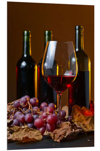 Foam board print red wine with grapes and vine leaves