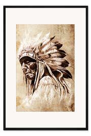 Gerahmter Kunstdruck Betagter Native mit Federschmuck