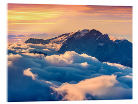 Acrylglasbild  Sonnenaufgang über dem Tal Val di Fassa mit Sellajoch, Dolomiten