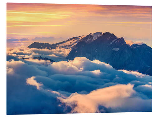 Stampa su vetro acrilico sunrise on the foggy Val di Fassa valley with passo Sella, Dolomites