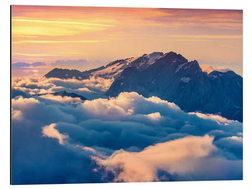 Print på aluminium Sunrise on a foggy Val di Fassa valley with passo Sella, Dolomites