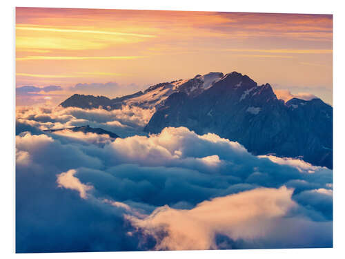 PVC-taulu Sunrise on a foggy Val di Fassa valley with passo Sella, Dolomites