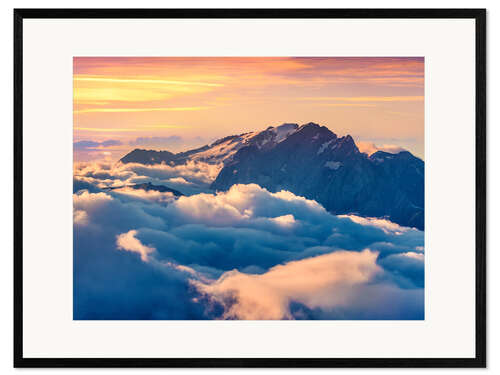 Impression artistique encadrée Lever de soleil sur le val di Fassa avec le col Sella, Dolomites