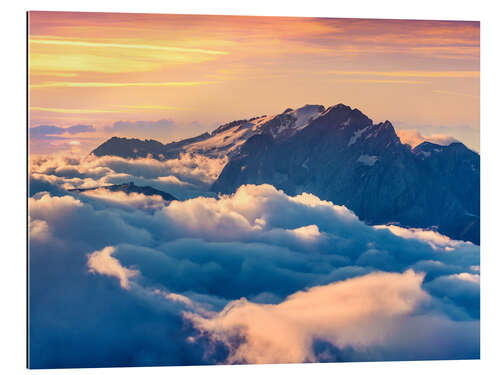 Tableau en plexi-alu Lever de soleil sur le val di Fassa avec le col Sella, Dolomites