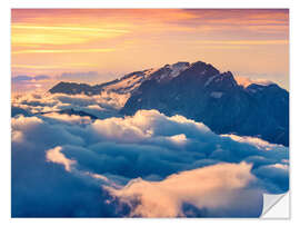 Selvklebende plakat Sunrise on a foggy Val di Fassa valley with passo Sella, Dolomites