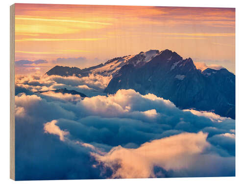 Wood print Sunrise on a foggy Val di Fassa valley with passo Sella, Dolomites