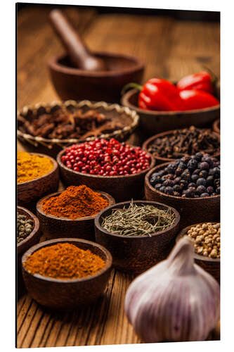 Aluminium print Colorful spices in bowls