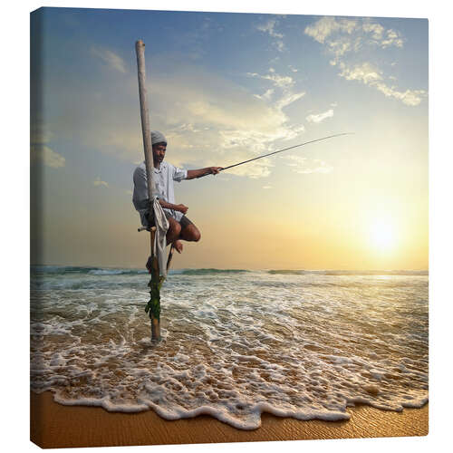 Lærredsbillede fisherman on stick on Indian ocean, Sri Lanka