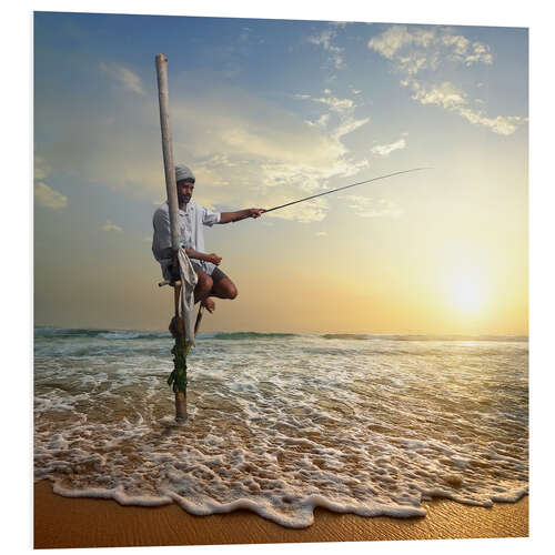 PVC-taulu fisherman on stick on Indian ocean, Sri Lanka