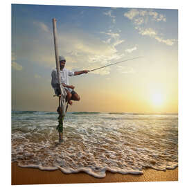 Foam board print fisherman on stick on Indian ocean, Sri Lanka