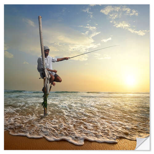 Wall sticker fisherman on stick on Indian ocean, Sri Lanka