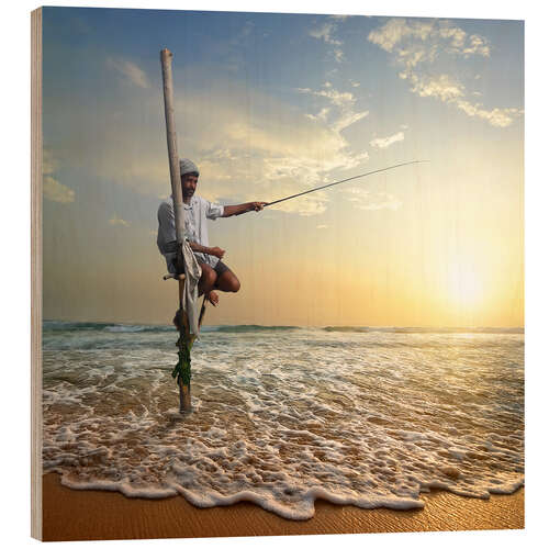 Wood print fisherman on stick on Indian ocean, Sri Lanka