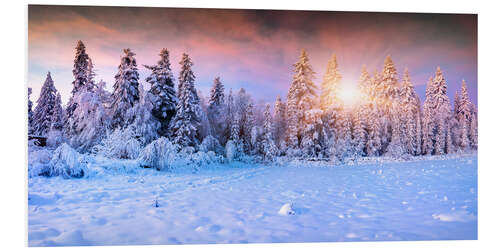 Foam board print Winter Sunrise in the Mountain Forest