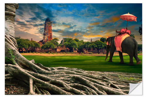 Selvklebende plakat big root of banyan tree and elephant