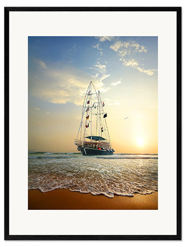 Plakat artystyczny premium w ramie Sailing ship on the waves of the ocean