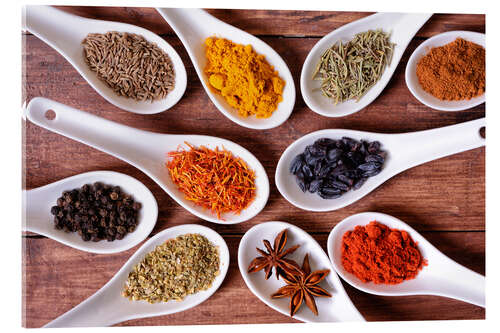 Acrylic print Spices in ceramic bowls