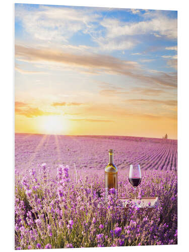 Foam board print Bottle of wine in a lavender field