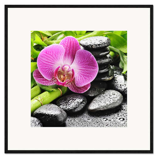 Gerahmter Kunstdruck Zen-Steine und rosafarbene Orchidee
