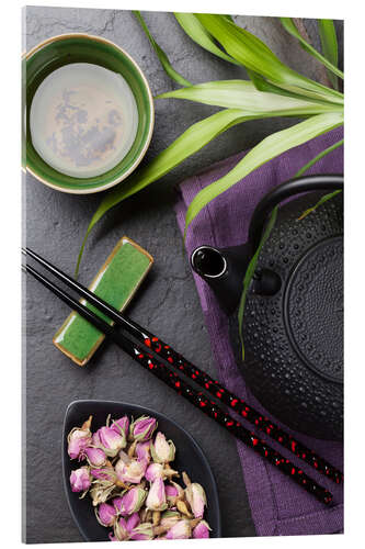 Acrylic print Asian sushi chopsticks, tea and teapot