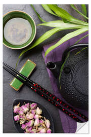 Selvklebende plakat Asian sushi chopsticks, tea and teapot