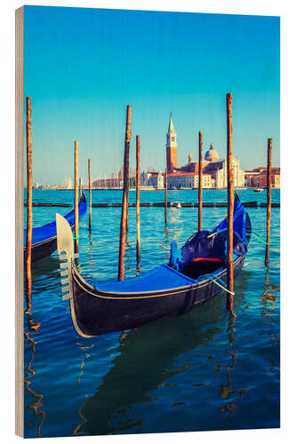 Holzbild Gondeln in Lagune von Venedig bei Sonnenaufgang