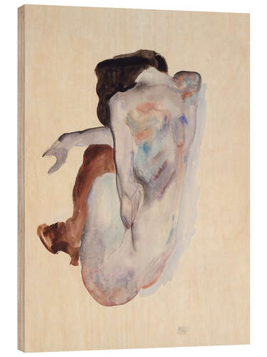 Hout print Crouching Nude in Shoes and Black Stockings, Back View
