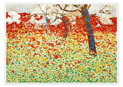 Poster Blumenwiese mit Bäumen