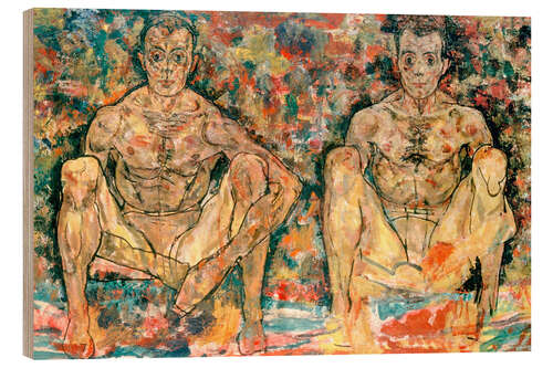 Tableau en bois Deux hommes accroupis