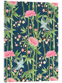 Acrylic print  bamboo birds and blossoms on teal - Micklyn Le Feuvre