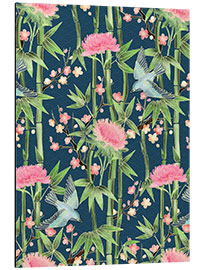 Aluminium print bamboo birds and blossoms on teal