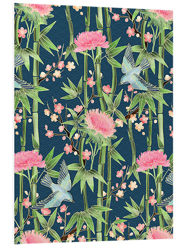 PVC-tavla bamboo birds and blossoms on teal