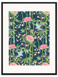 Gerahmter Kunstdruck Bambus Vögel und Blüten auf teal