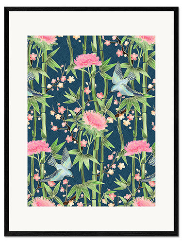 Framed art print bamboo birds and blossoms on teal