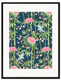 Impresión de arte enmarcada bamboo birds and blossoms on teal