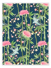 Plakat  bamboo birds and blossoms on teal - Micklyn Le Feuvre