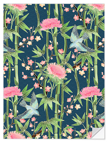 Naklejka na ścianę bamboo birds and blossoms on teal