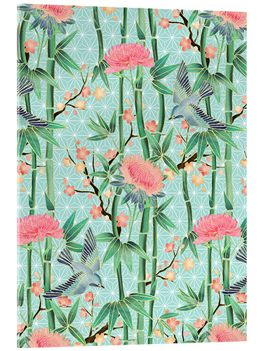 Akrylglastavla bamboo birds and blossoms on mint