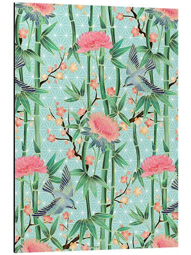 Aluminium print bamboo birds and blossoms on mint