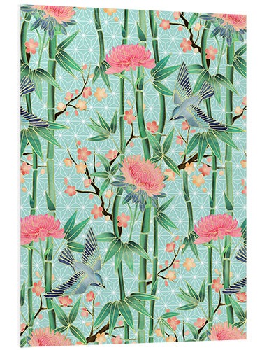 Foam board print bamboo birds and blossoms on mint