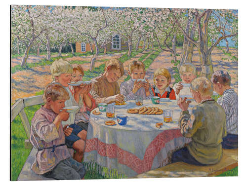 Obraz na aluminium Children group in the garden with flowering apple trees