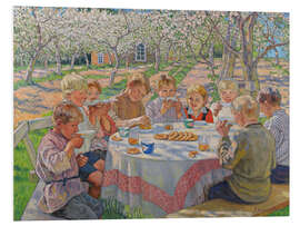 Foam board print Children group in the garden with flowering apple trees